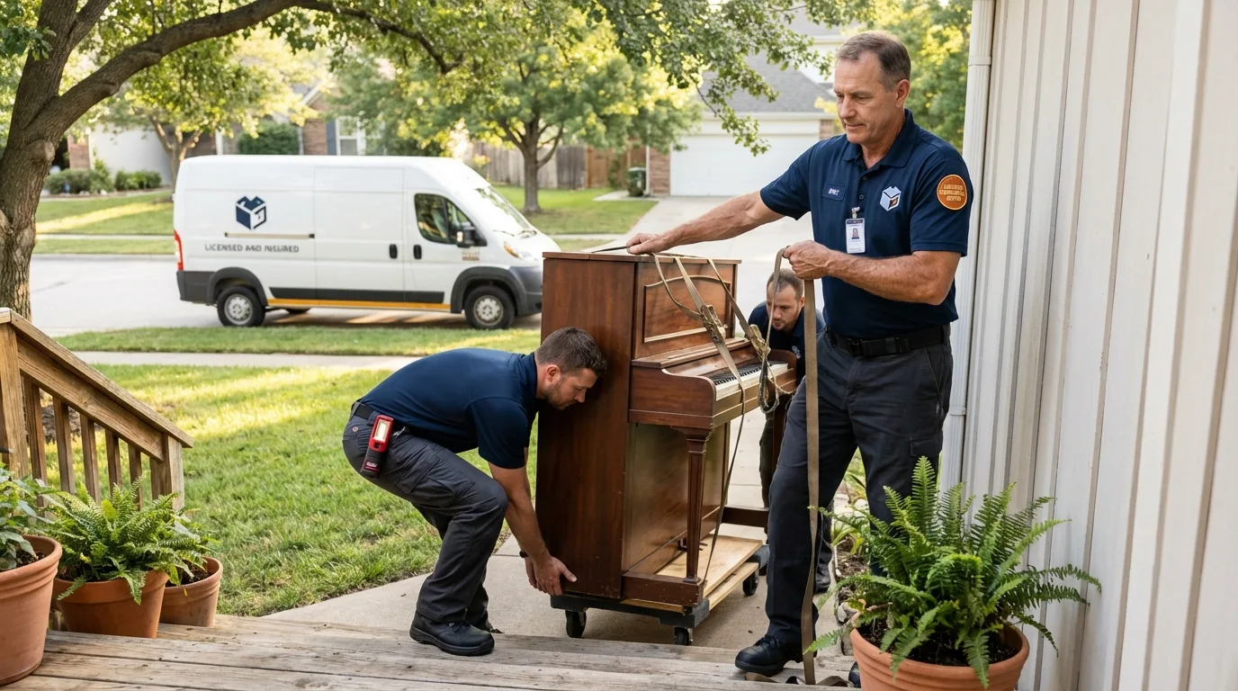 Licensed piano movers securing grand piano in Oak Grove, MO